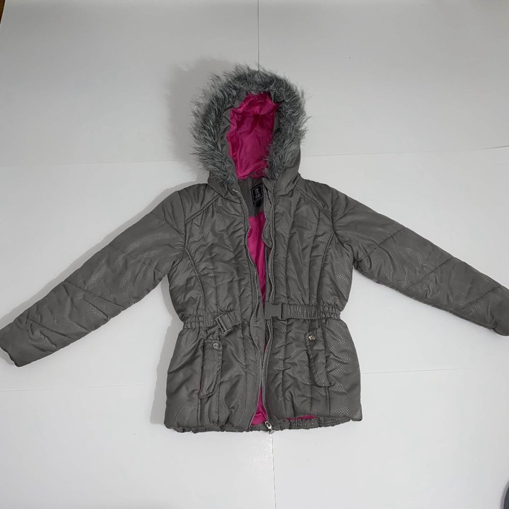 R88 by S.Rothschild Grey Winter Puffer Jacket with Faux Fur Trim Hood